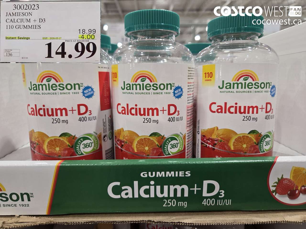 3002023 JAMIESON CALCIUM + D3 110 GUMMIES ($4.00 INSTANT SAVINGS EXPIRES ON 2026-05-17) $14.99