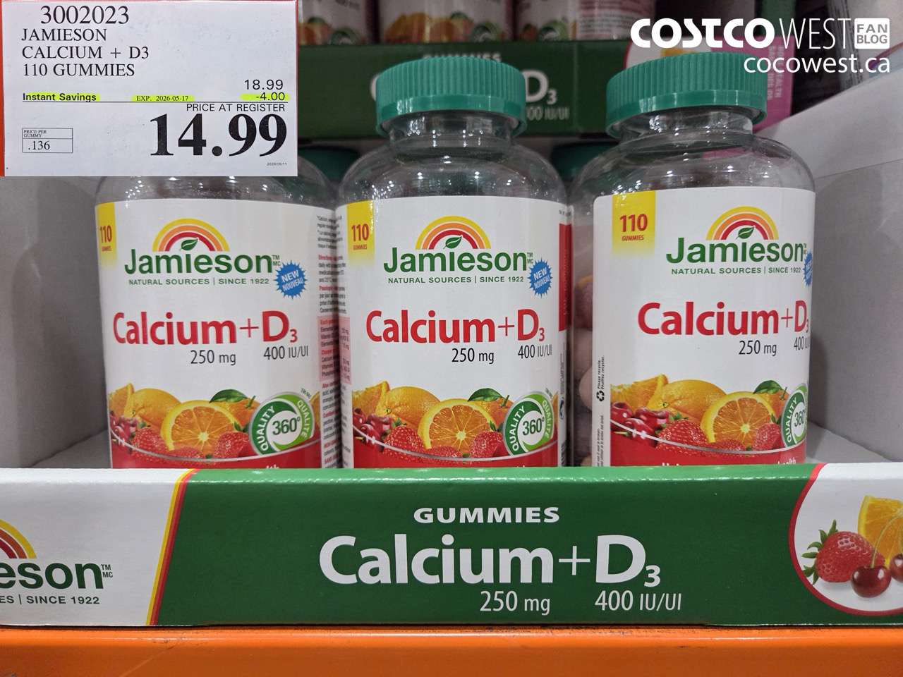 3002023 JAMIESON CALCIUM + D3 110 GUMMIES ($4.00 INSTANT SAVINGS EXPIRES ON 2026-05-17) $14.99