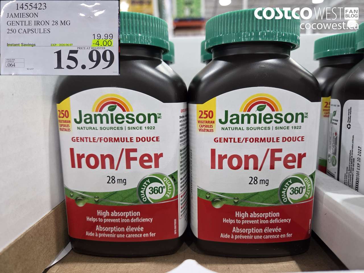 1455423 JAMIESON GENTLE IRON 28 MG 250 CAPSULES ($4.00 INSTANT SAVINGS EXPIRES ON 2026-06-07) $15.99