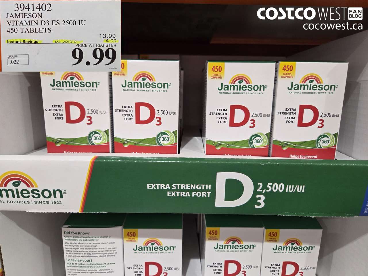 3941402 JAMIESON VITAMIN D3 ES 2500 IU 450 TABLETS ($4.00 INSTANT SAVINGS EXPIRES ON 2026-05-10) $9.99