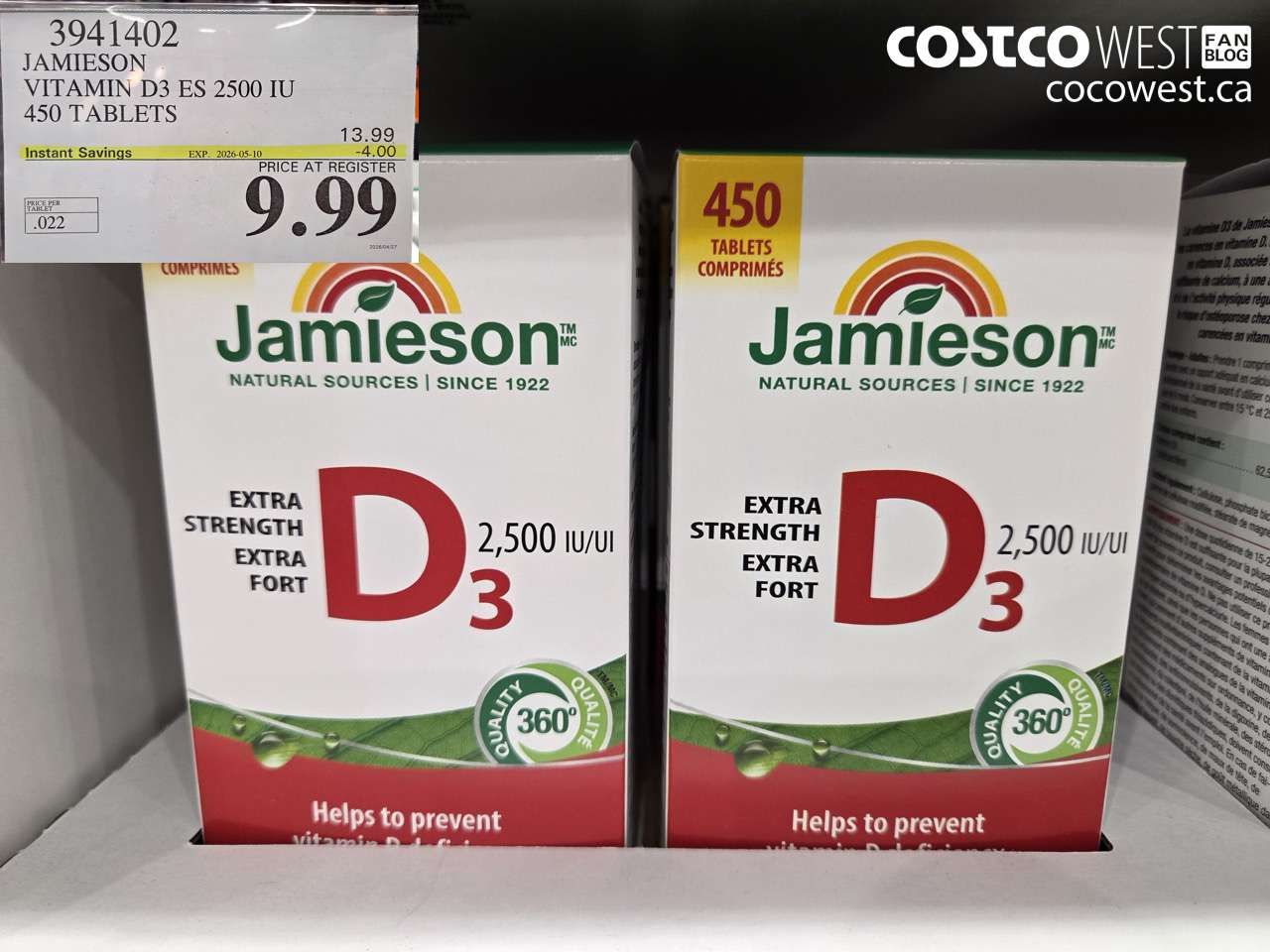 3941402 JAMIESON VITAMIN D3 ES 2500 IU 450 TABLETS ($4.00 INSTANT SAVINGS EXPIRES ON 2026-05-10) $9.99