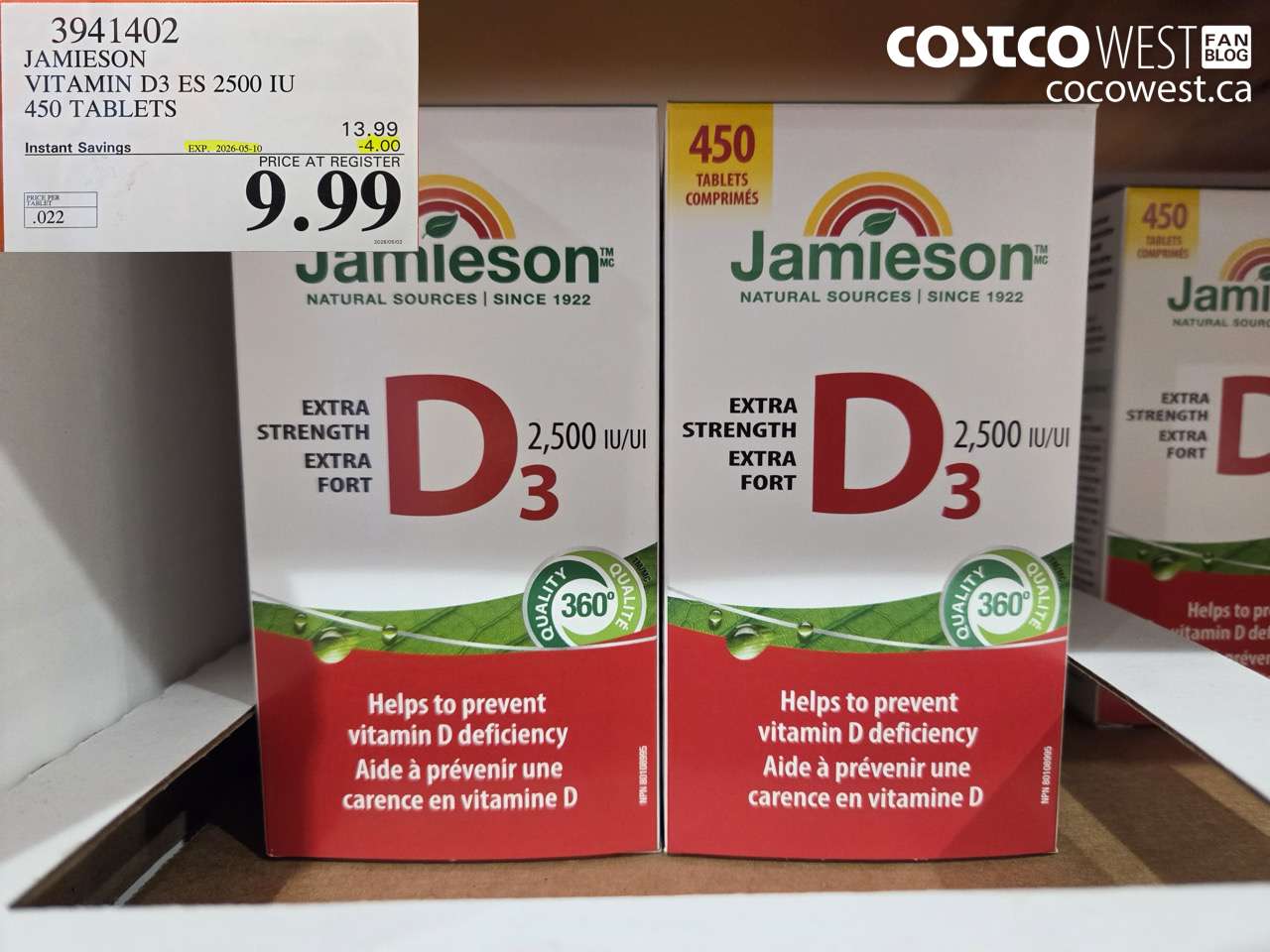 3941402 JAMIESON VITAMIN D3 ES 2500 IU 450 TABLETS ($4.00 INSTANT SAVINGS EXPIRES ON 2026-05-10) $9.99