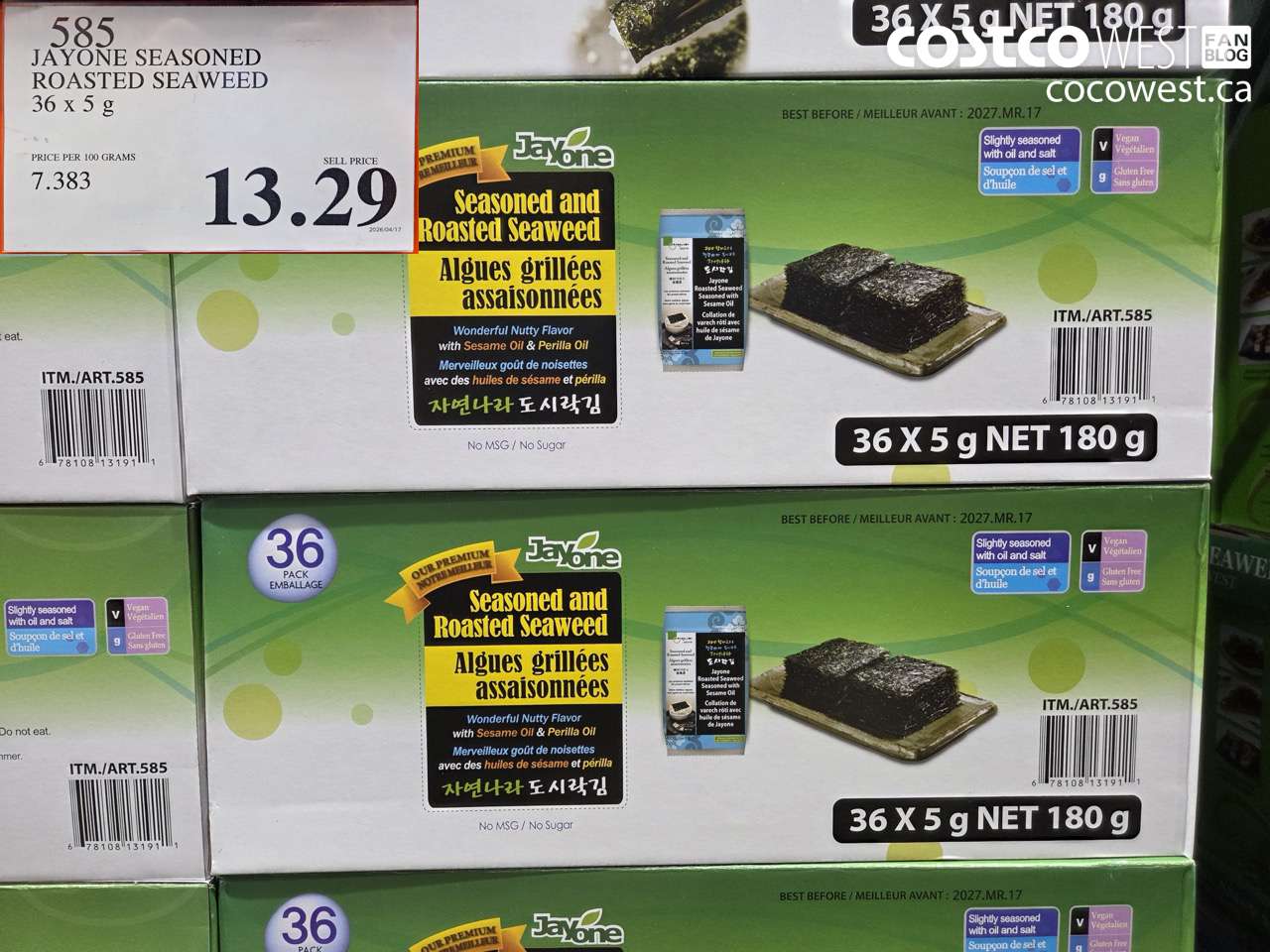 585 JAYONE SEASONED ROASTED SEAWEED 36 X 5 G $13.29