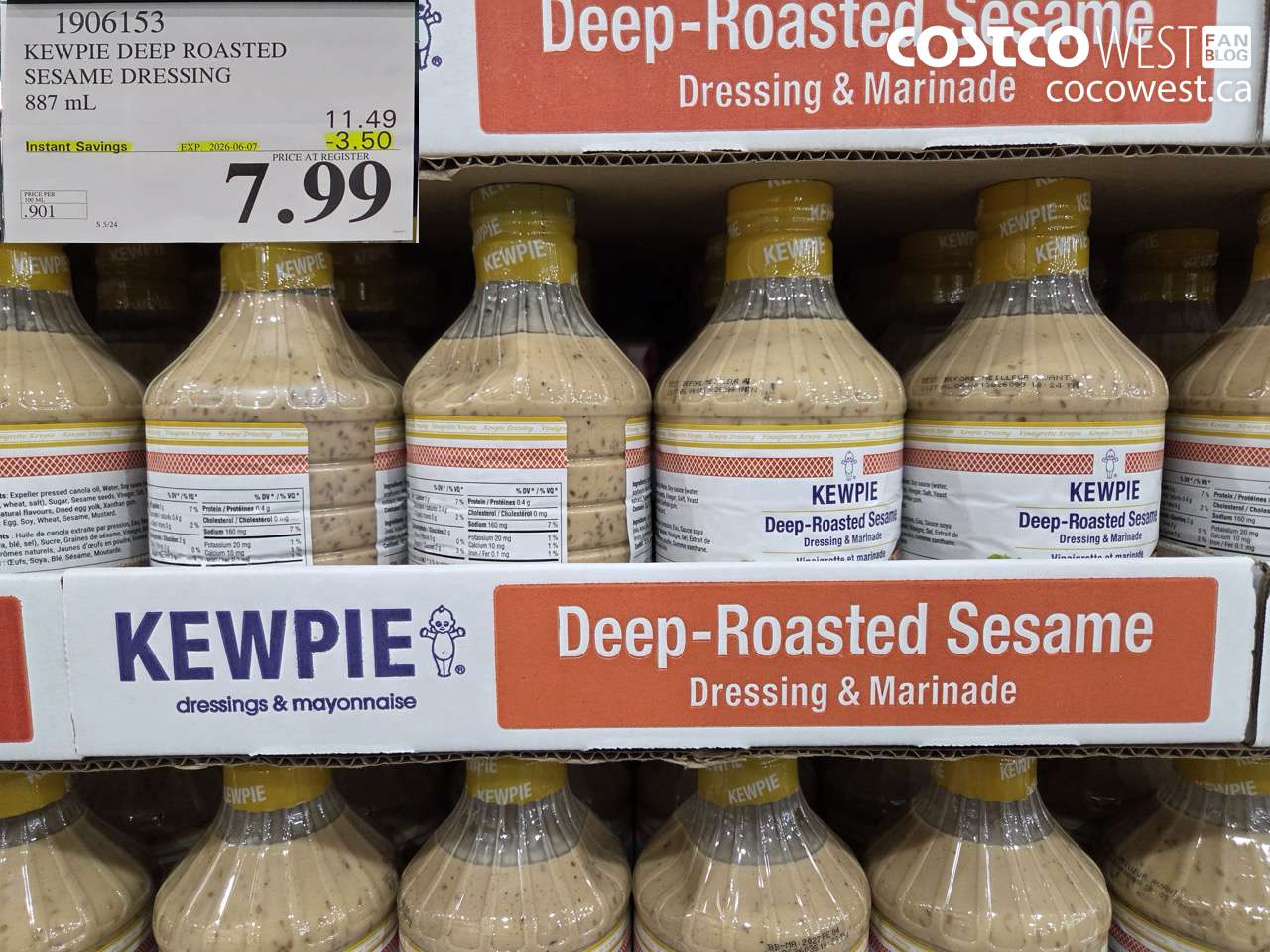1906153 KEWPIE DEEP ROASTED SESAME DRESSING 887 ML ($3.50 INSTANT SAVINGS EXPIRES ON 2026-06-07) $7.99