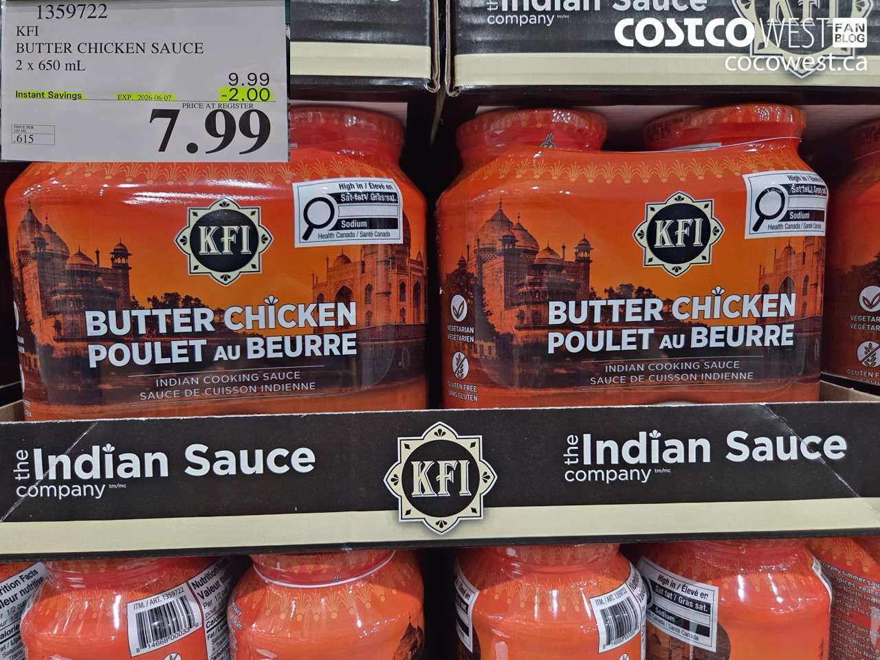 1359722 KFI BUTTER CHICKEN SAUCE 2 X 650 ML ($2.00 INSTANT SAVINGS EXPIRES ON 2026-06-07) $7.99