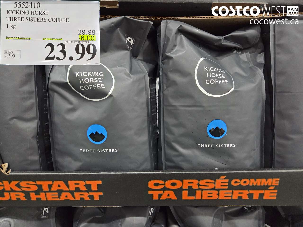 5552410 KICKING HORSE THREE SISTERS COFFEE 1 KG ($6.00 INSTANT SAVINGS EXPIRES ON 2026-06-07) $23.99