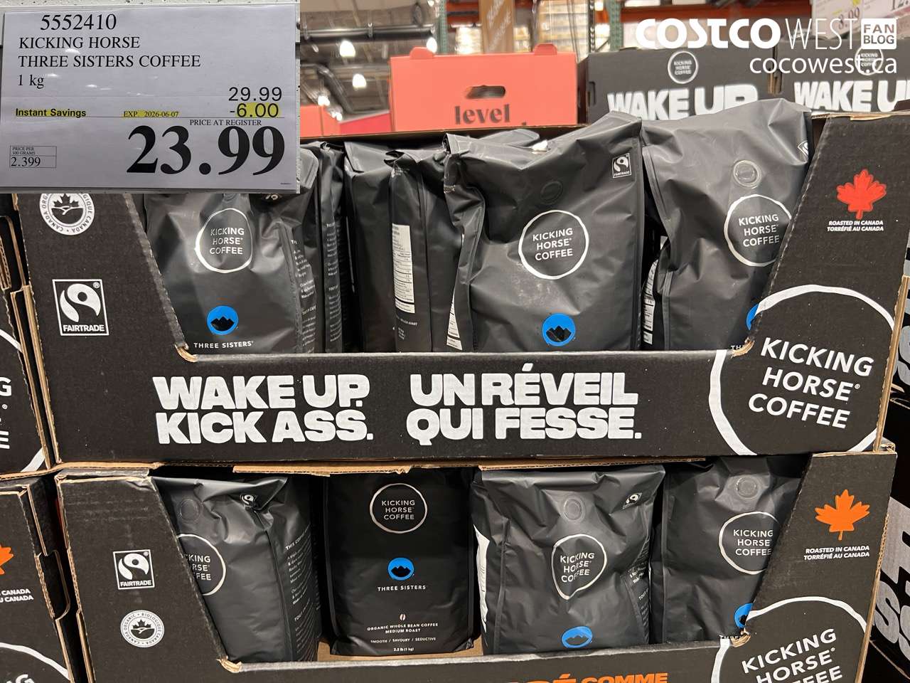 5552410 KICKING HORSE THREE SISTERS COFFEE 1 KG ($6.00 INSTANT SAVINGS EXPIRES ON 2026-06-07) $23.99