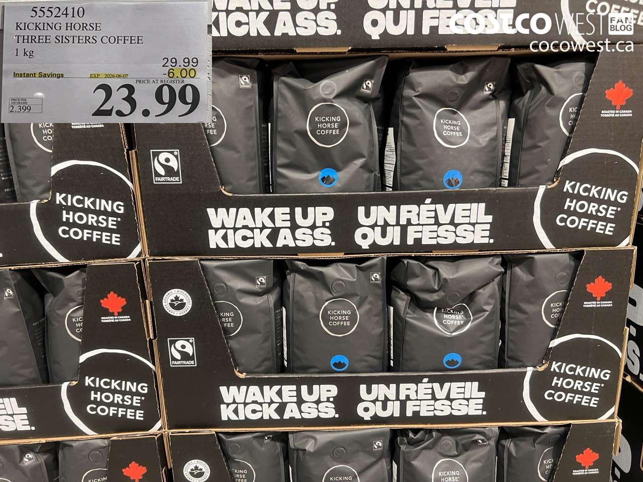 5552410 KICKING HORSE THREE SISTERS COFFEE 1 KG ($6.00 INSTANT SAVINGS EXPIRES ON 2026-06-07) $23.99