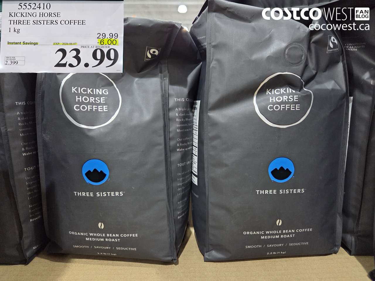 5552410 KICKING HORSE THREE SISTERS COFFEE 1 KG ($6.00 INSTANT SAVINGS EXPIRES ON 2026-06-07) $23.99