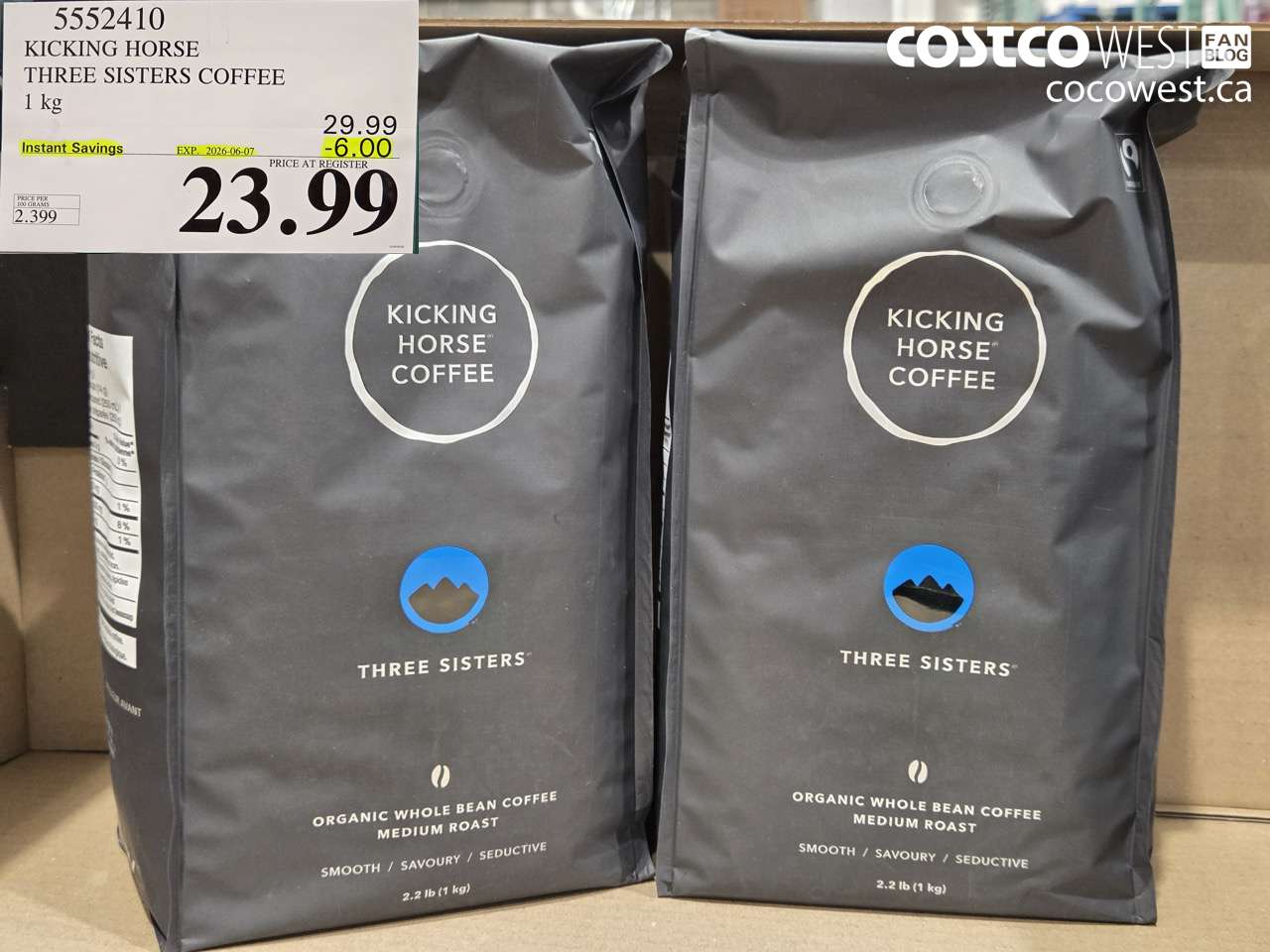 5552410 KICKING HORSE THREE SISTERS COFFEE 1 KG ($6.00 INSTANT SAVINGS EXPIRES ON 2026-06-07) $23.99