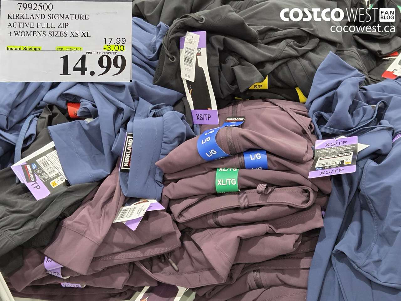 7992500 KIRKLAND SIGNATURE ACTIVE FULL ZIP WOMENS SIZES XS-XL ($3.00 INSTANT SAVINGS EXPIRES ON 2026-05-17) $14.99