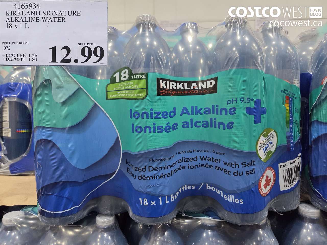 4165934 KIRKLAND SIGNATURE ALKALINE WATER 18 X 1 L $12.99