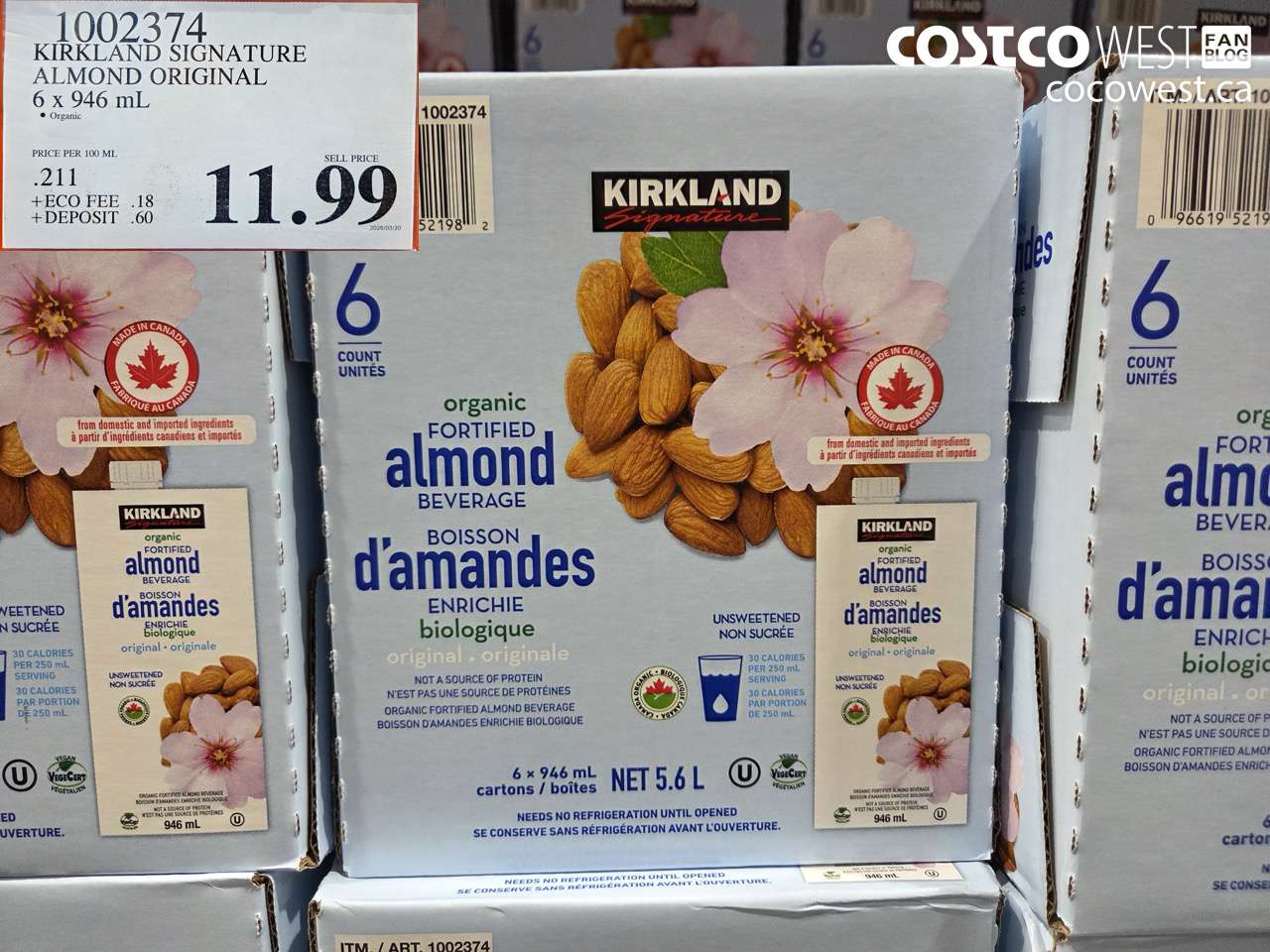 1002374 KIRKLAND SIGNATURE ALMOND ORIGINAL 6 X 946 ML $11.99