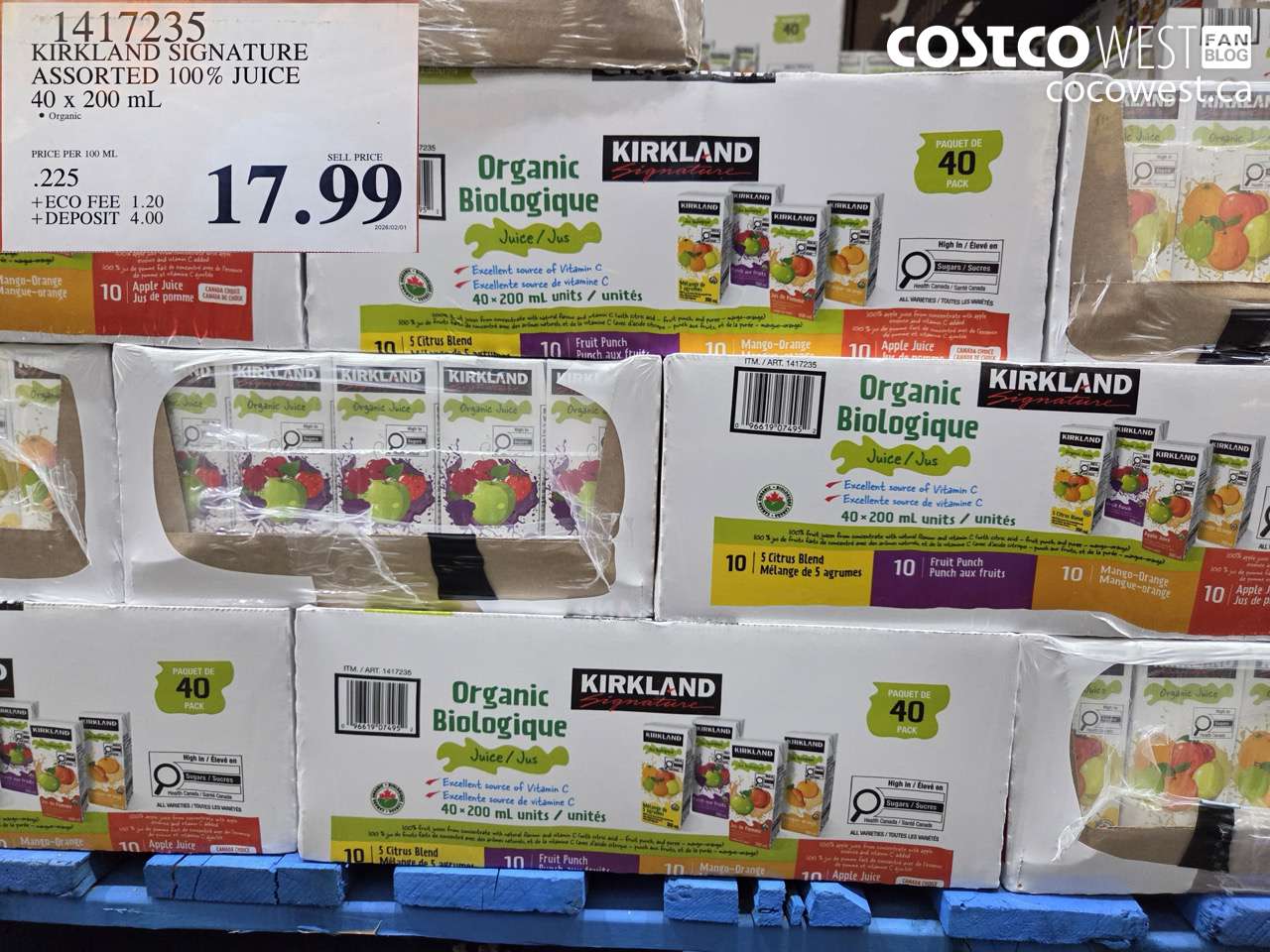 1417235 KIRKLAND SIGNATURE ASSORTED 100% JUICE 40 X 200 ML $17.99