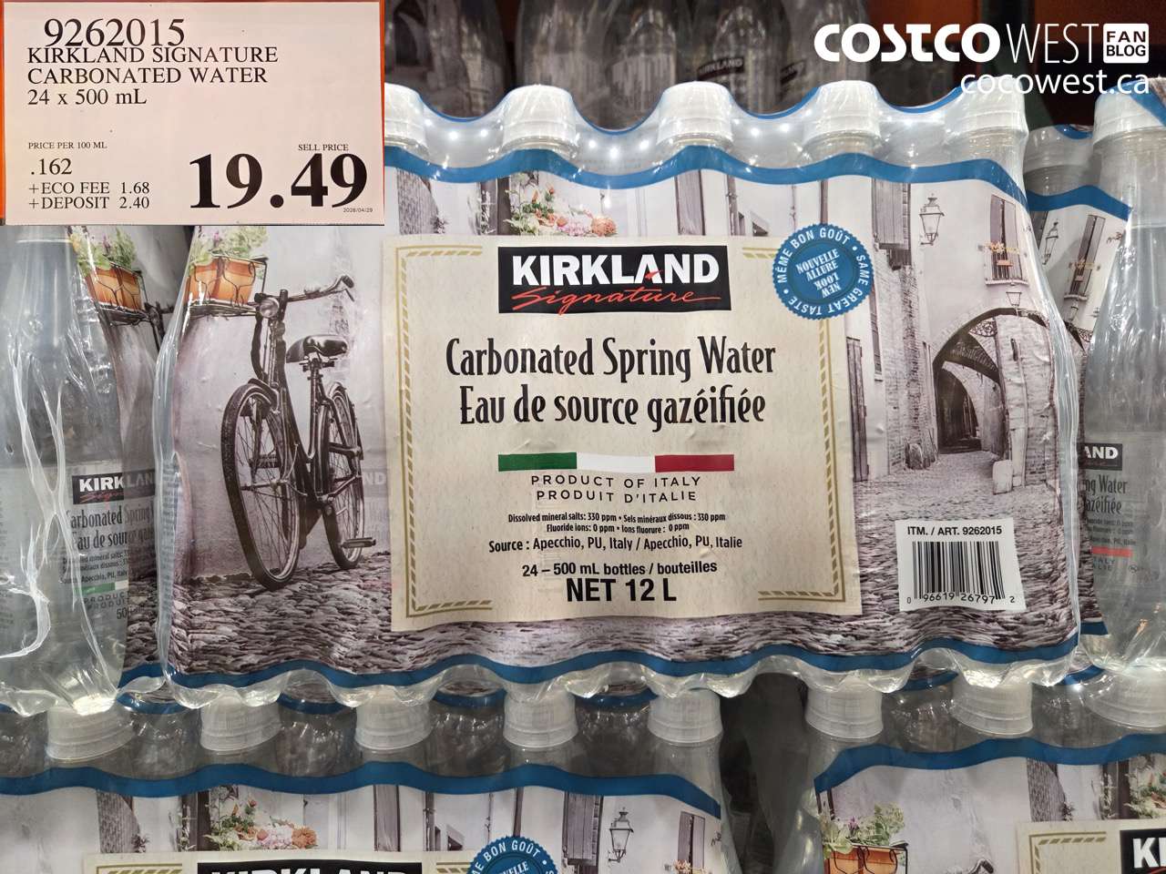 9262015 KIRKLAND SIGNATURE CARBONATED WATER 24 X 500 ML $19.49