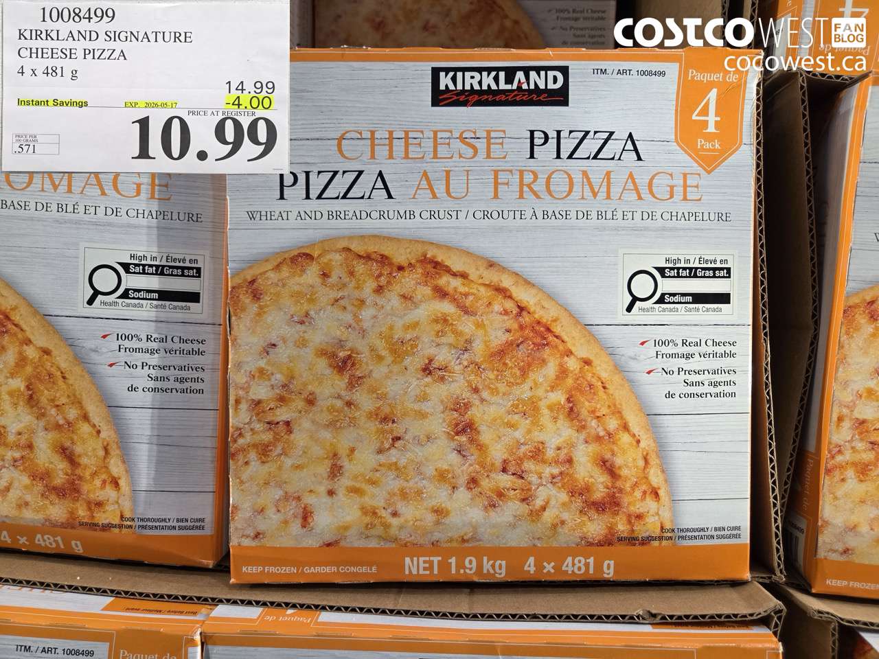 1008499 KIRKLAND SIGNATURE CHEESE PIZZA 4 X 481 G ($4.00 INSTANT SAVINGS EXPIRES ON 2026-05-17) $10.99