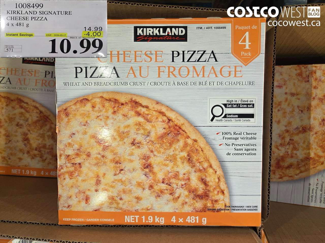 1008499 KIRKLAND SIGNATURE CHEESE PIZZA 4 X 481 G ($4.00 INSTANT SAVINGS EXPIRES ON 2026-05-17) $10.99