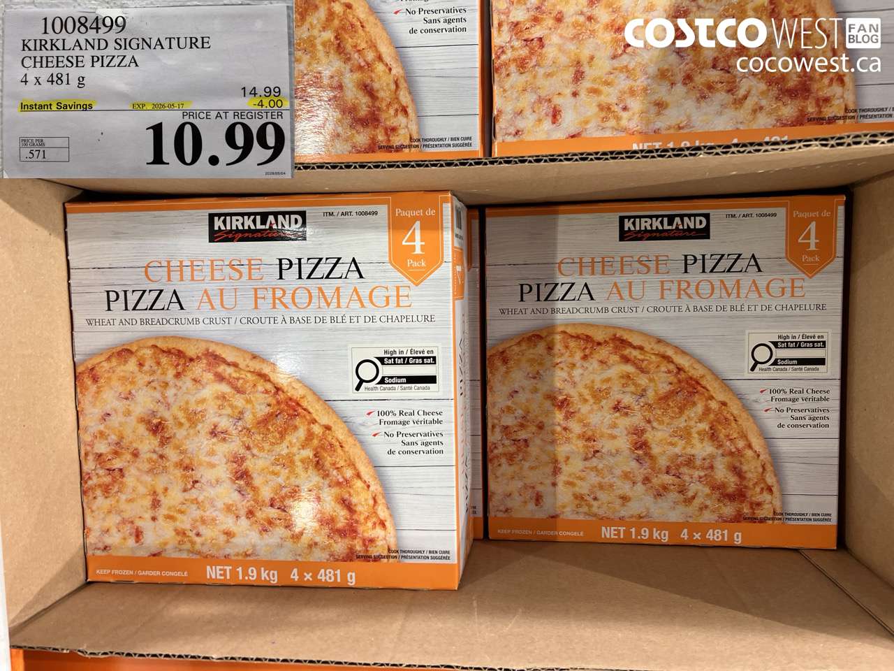 1008499 KIRKLAND SIGNATURE CHEESE PIZZA 4 X 481 G ($4.00 INSTANT SAVINGS EXPIRES ON 2026-05-17) $10.99