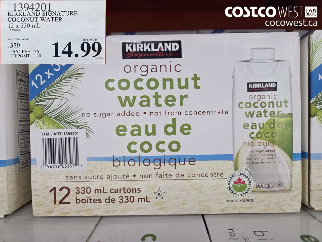1394201 KIRKLAND SIGNATURE COCONUT WATER 12 X 330 ML $14.99