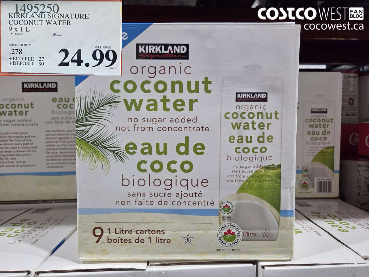 1495250 KIRKLAND SIGNATURE COCONUT WATER 9 X 1 L $24.99