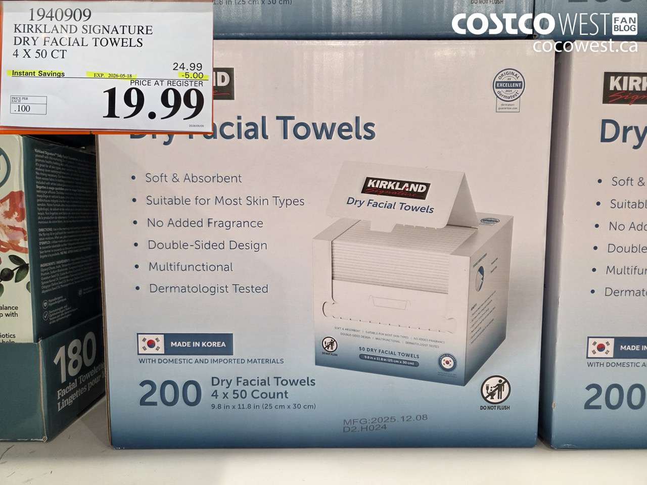 1940909 KIRKLAND SIGNATURE DRY FACIAL TOWELS 4 X 50 CT ($5.00 INSTANT SAVINGS EXPIRES ON 2026-05-18) $19.99