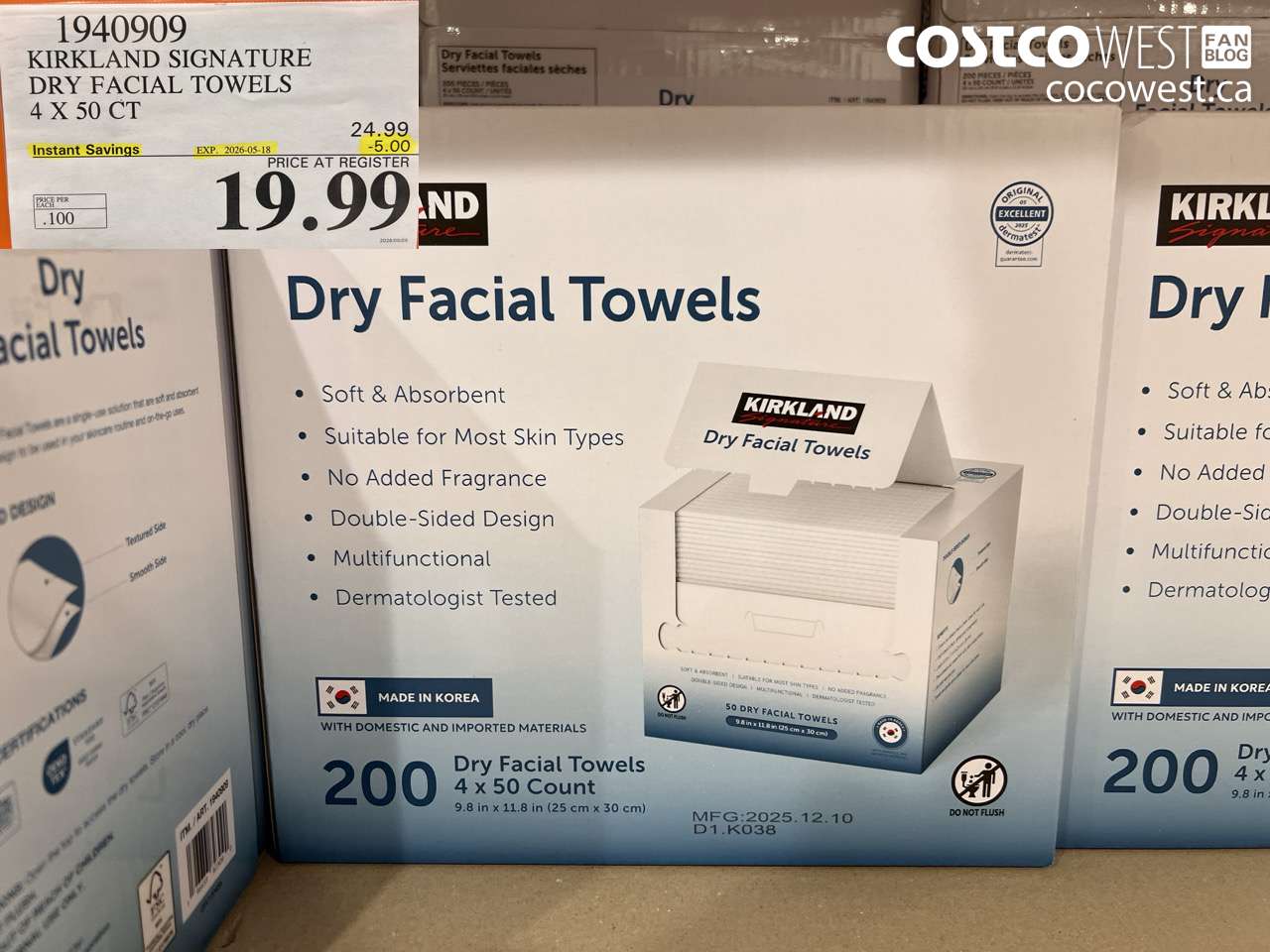 1940909 KIRKLAND SIGNATURE DRY FACIAL TOWELS 4 X 50 CT ($5.00 INSTANT SAVINGS EXPIRES ON 2026-05-18) $19.99