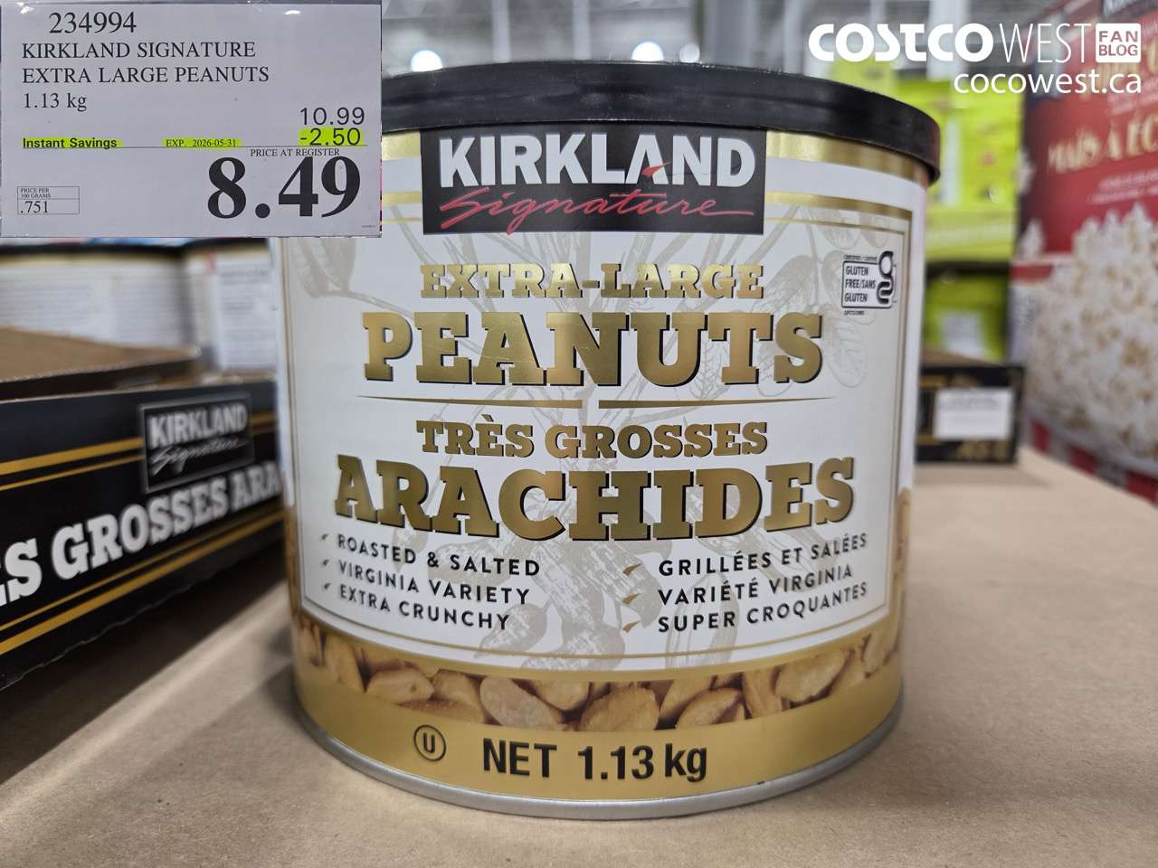 234994 KIRKLAND SIGNATURE EXTRA LARGE PEANUTS 1.13 KG ($2.50 INSTANT SAVINGS EXPIRES ON 2026-05-31) $8.49