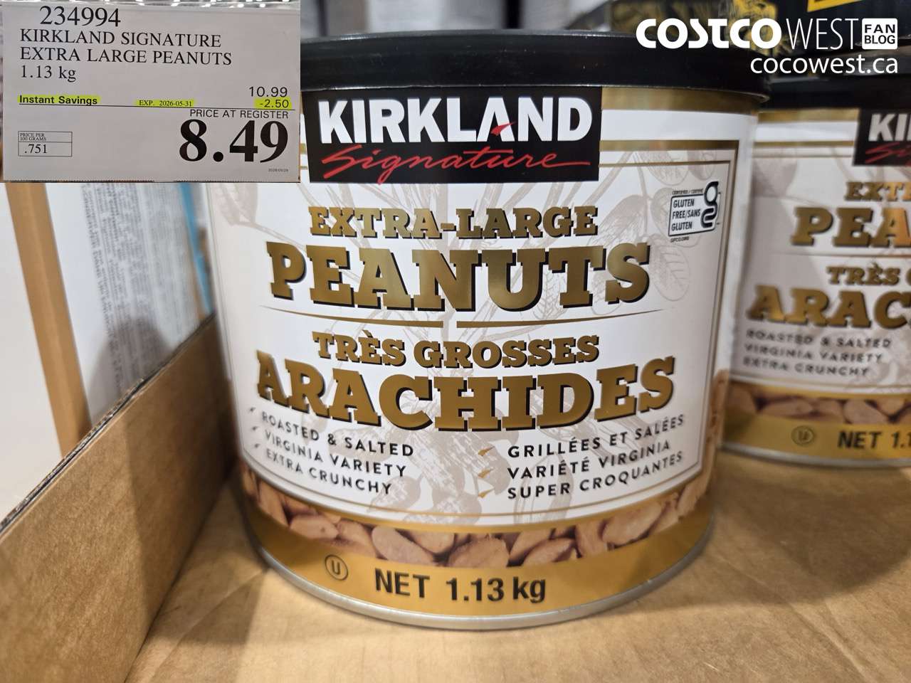 234994 KIRKLAND SIGNATURE EXTRA LARGE PEANUTS 1.13 KG ($2.50 INSTANT SAVINGS EXPIRES ON 2026-05-31) $8.49