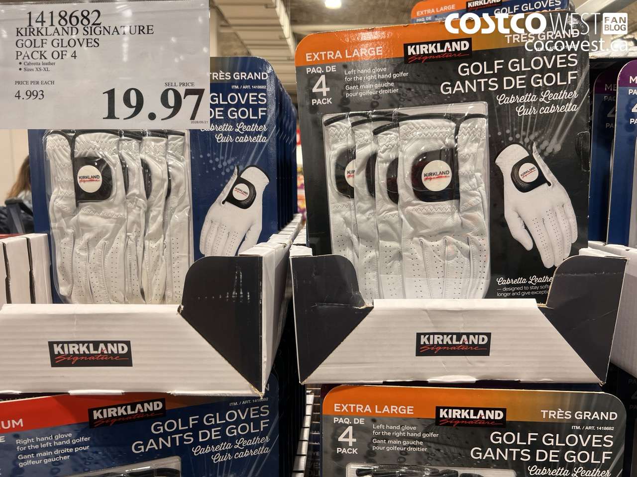 1418682 KIRKLAND SIGNATURE GOLF GLOVES PACK OF 4 $19.97