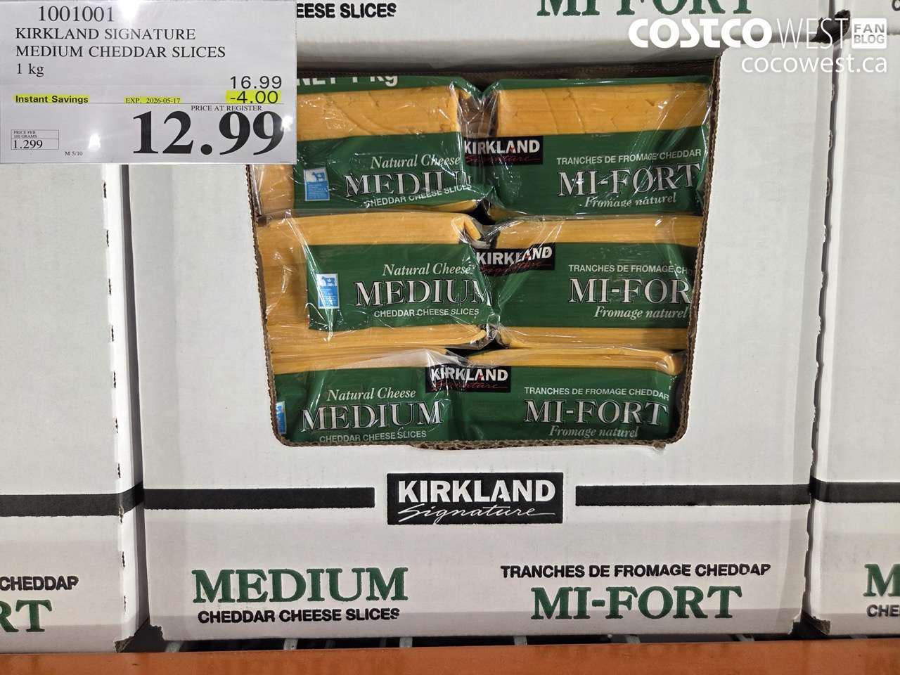 1001001 KIRKLAND SIGNATURE MEDIUM CHEDDAR SLICES 1 KG ($4.00 INSTANT SAVINGS EXPIRES ON 2026-05-17) $12.99