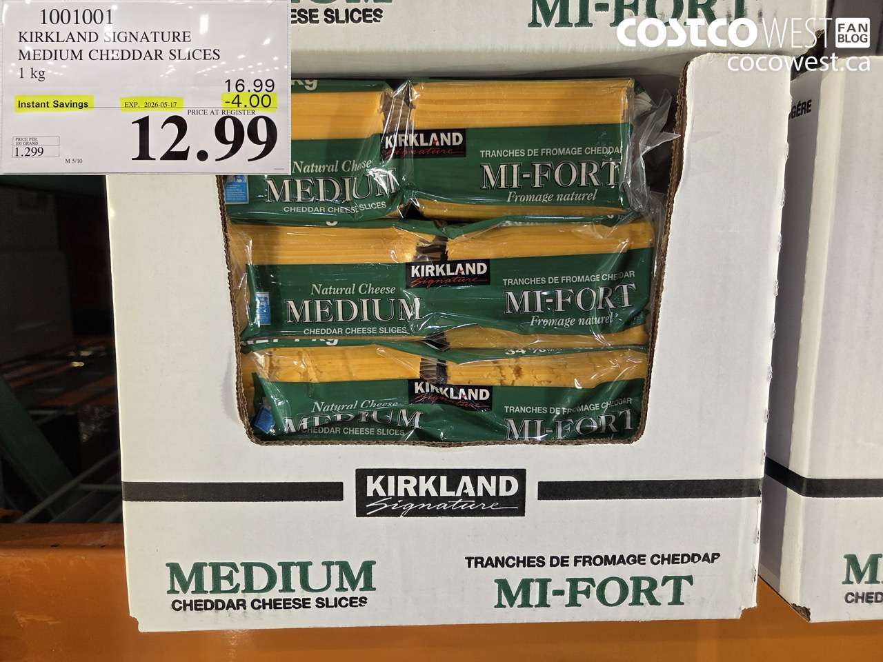 1001001 KIRKLAND SIGNATURE MEDIUM CHEDDAR SLICES 1 KG ($4.00 INSTANT SAVINGS EXPIRES ON 2026-05-17) $12.99