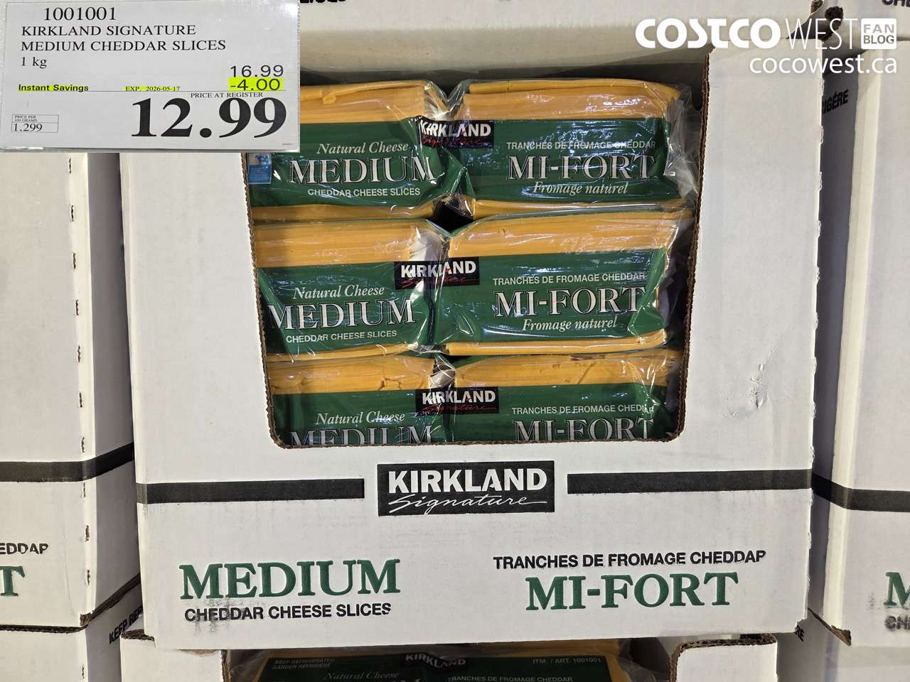 1001001 KIRKLAND SIGNATURE MEDIUM CHEDDAR SLICES 1 KG ($4.00 INSTANT SAVINGS EXPIRES ON 2026-05-17) $12.99
