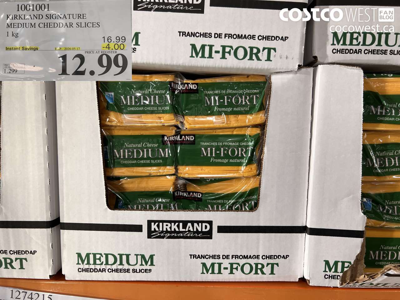1001001 KIRKLAND SIGNATURE MEDIUM CHEDDAR SLICES 1 KG ($4.00 INSTANT SAVINGS EXPIRES ON 2026-05-17) $12.99