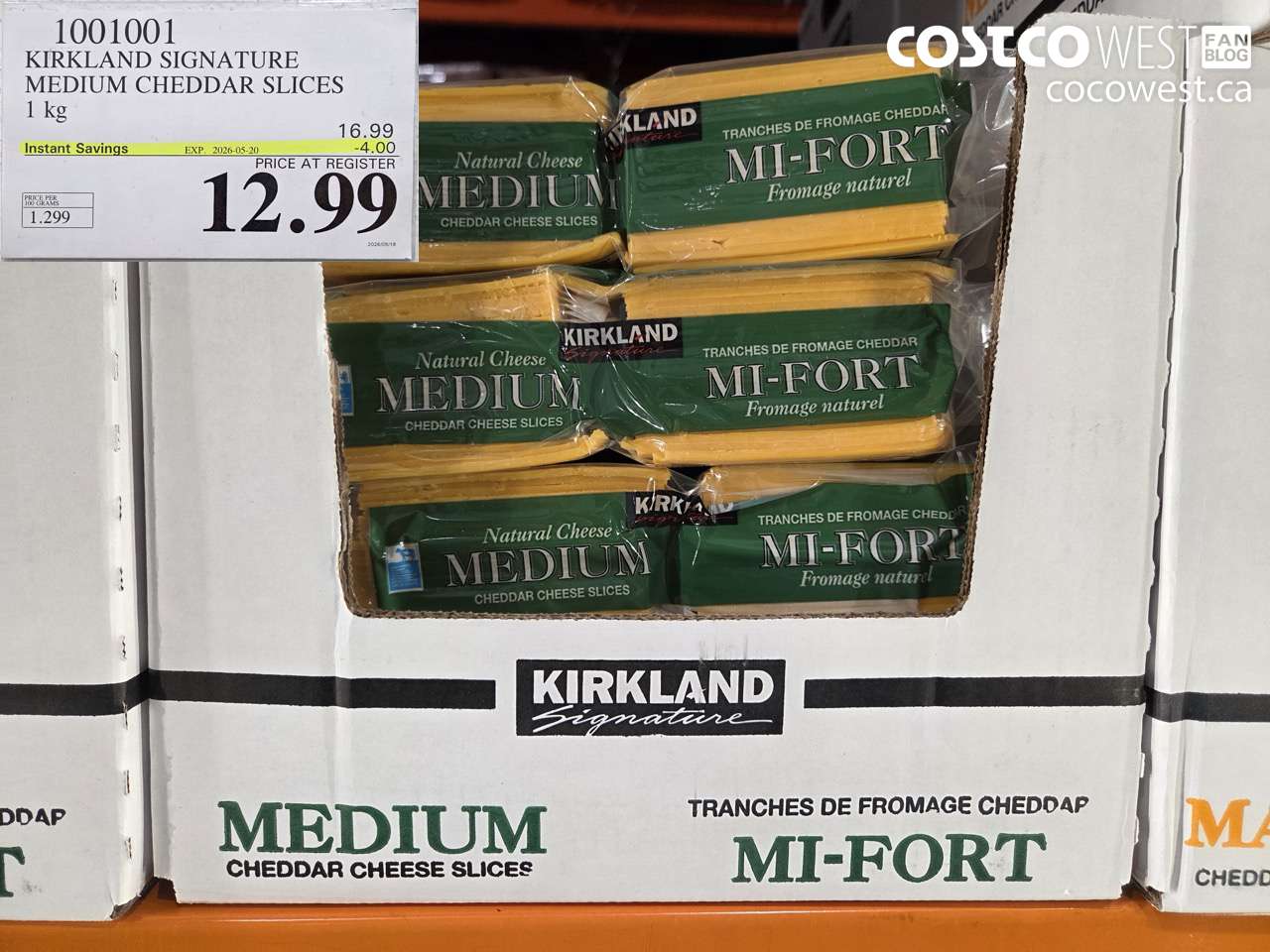 1001001 KIRKLAND SIGNATURE MEDIUM CHEDDAR SLICES 1 KG ($4.00 INSTANT SAVINGS EXPIRES ON 2026-05-20) $12.99