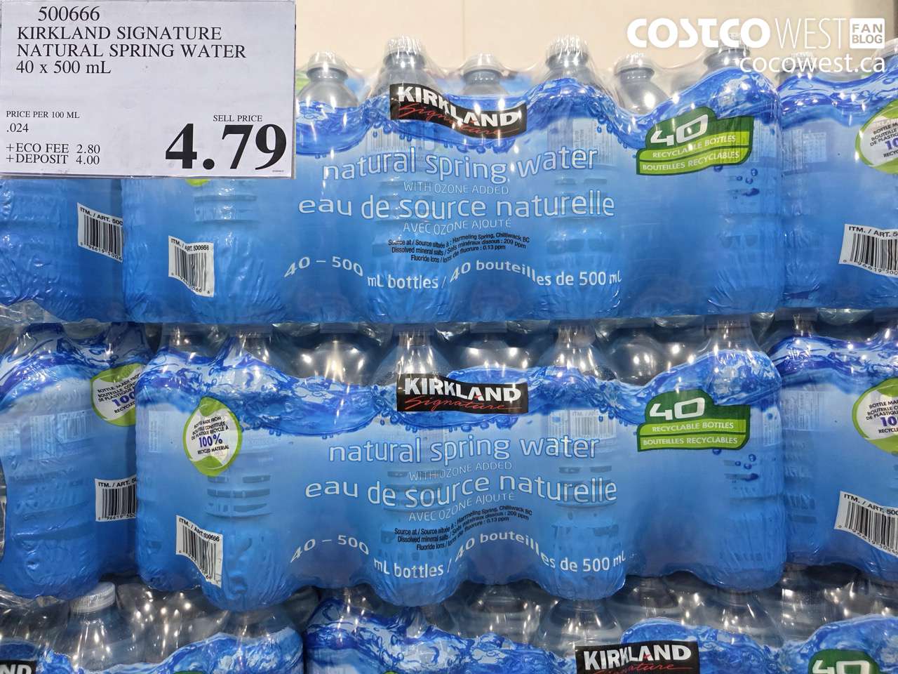 500666 KIRKLAND SIGNATURE NATURAL SPRING WATER 40 X 500 ML $4.79