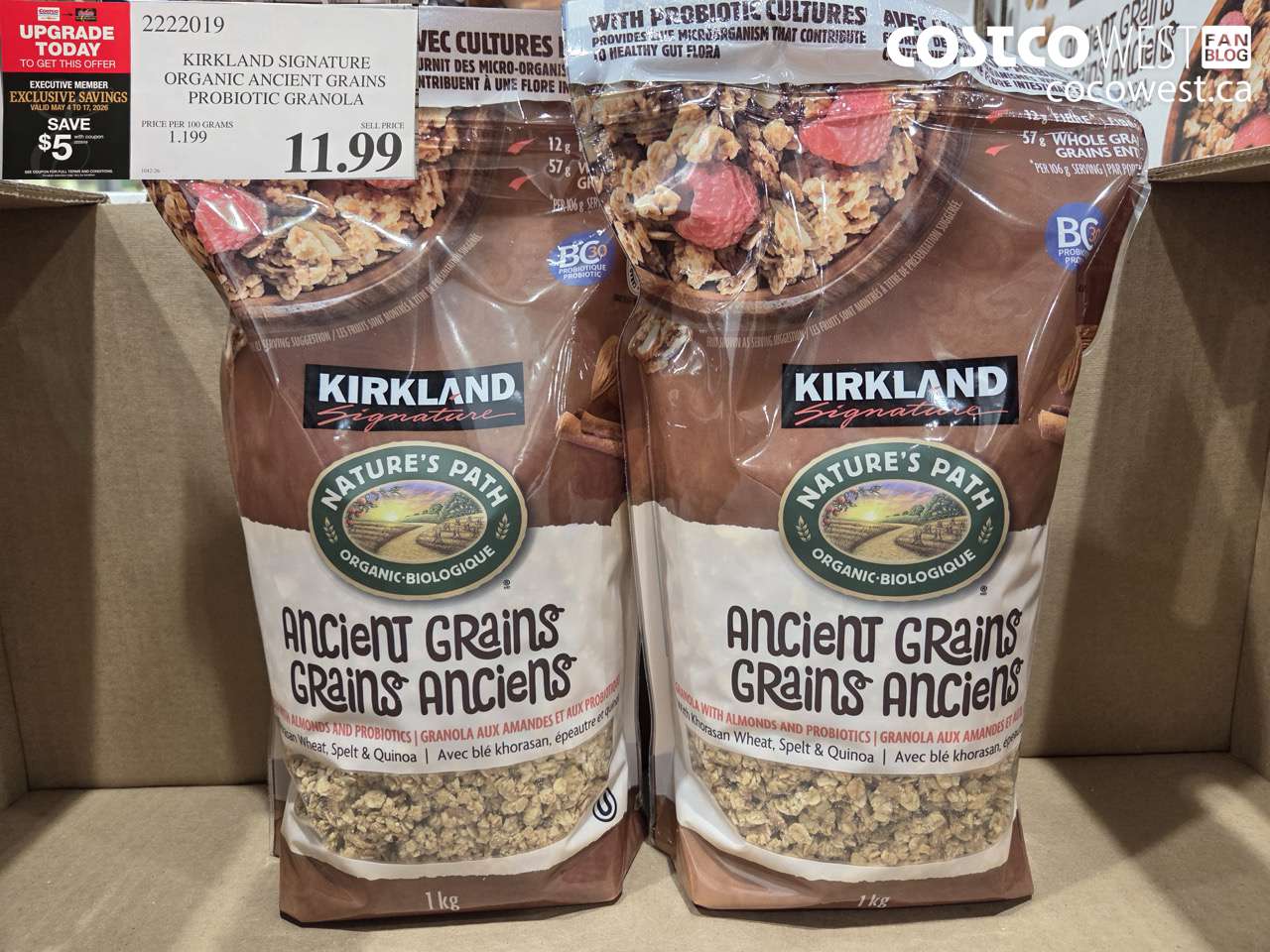2222019 KIRKLAND SIGNATURE ORGANIC ANCIENT GRAINS PROBIOTIC GRANOLA ($5.00 INSTANT SAVINGS EXPIRES ON 2026-05-17) $6.99