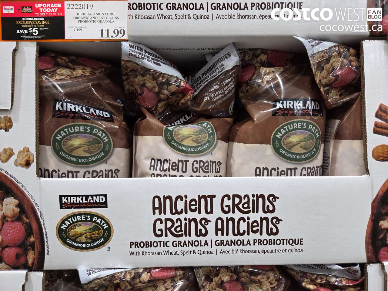 2222019 KIRKLAND SIGNATURE ORGANIC ANCIENT GRAINS PROBIOTIC GRANOLA ($5.00 INSTANT SAVINGS EXPIRES ON 2026-05-17) $6.99