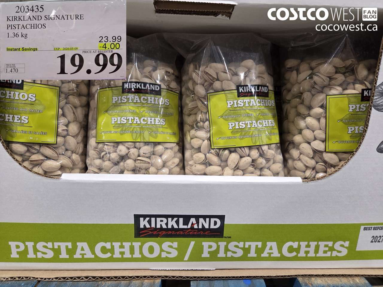203435 KIRKLAND SIGNATURE PISTACHIOS 1.36 KG ($4.00 INSTANT SAVINGS EXPIRES ON 2026-05-09) $19.99