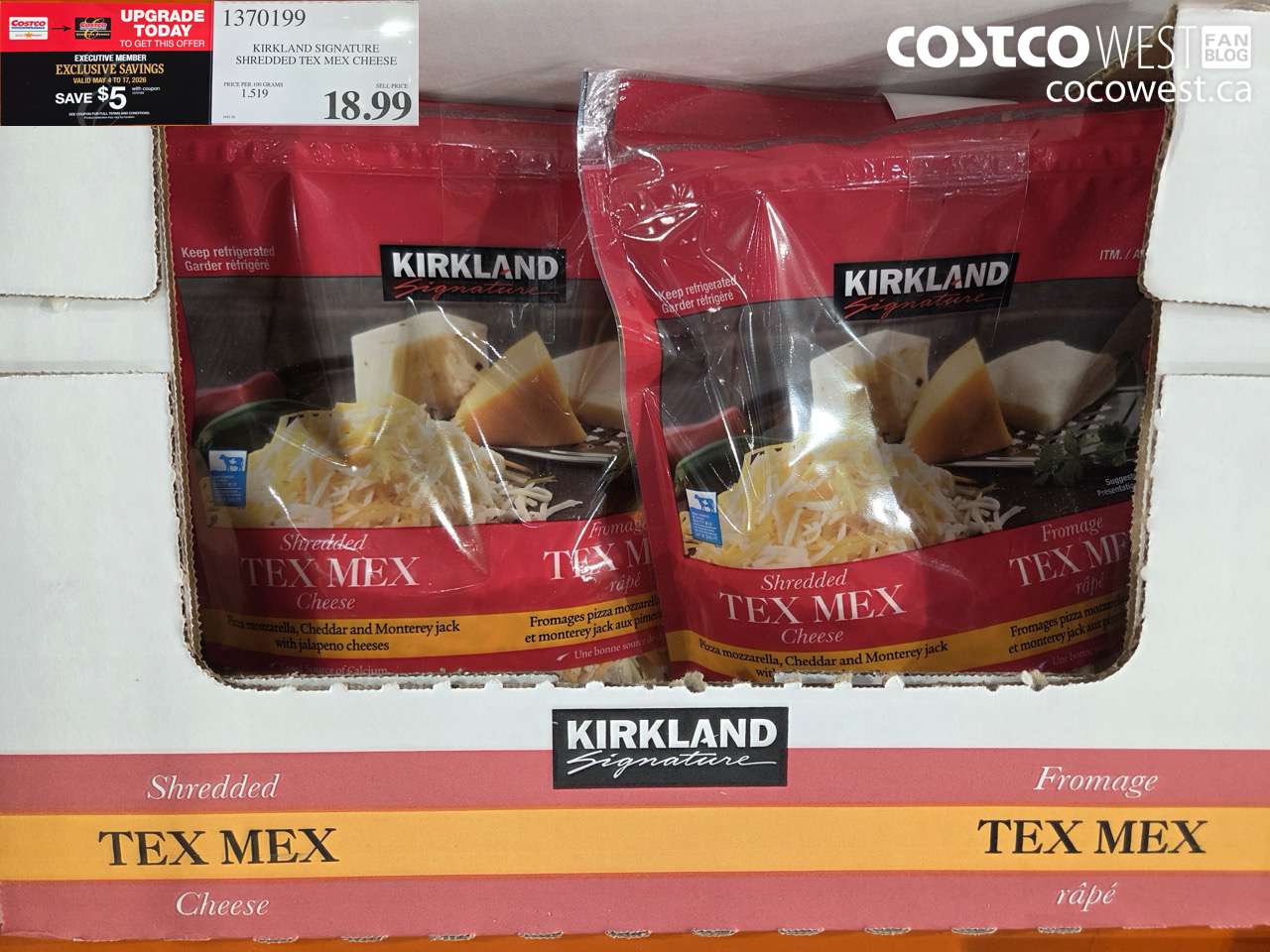 1370199 KIRKLAND SIGNATURE SHREDDED TEX MEX CHEESE ($5.00 INSTANT SAVINGS EXPIRES ON 2026-05-17) $13.99