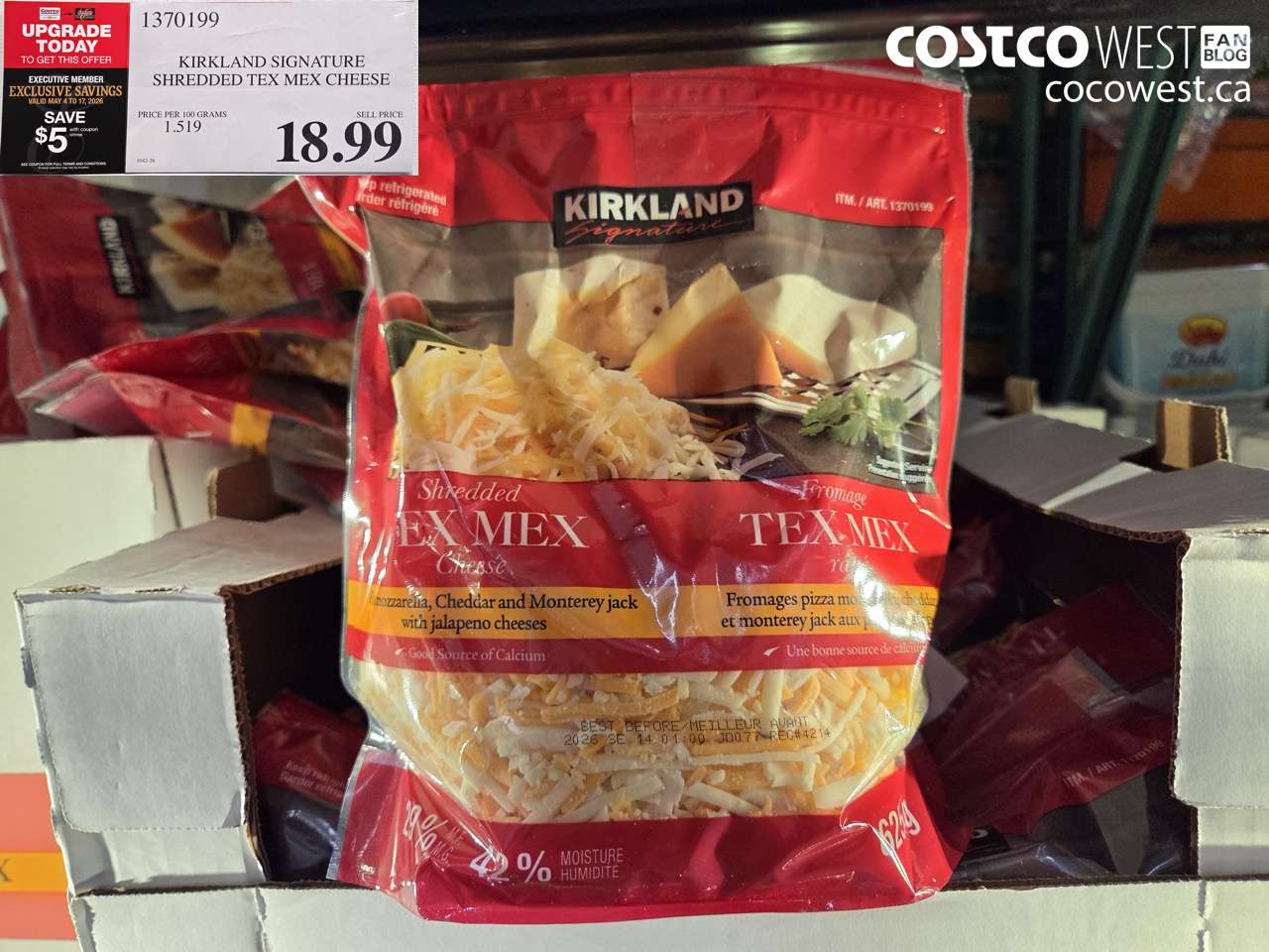 1370199 KIRKLAND SIGNATURE SHREDDED TEX MEX CHEESE ($5.00 INSTANT SAVINGS EXPIRES ON 2026-05-17) $13.99
