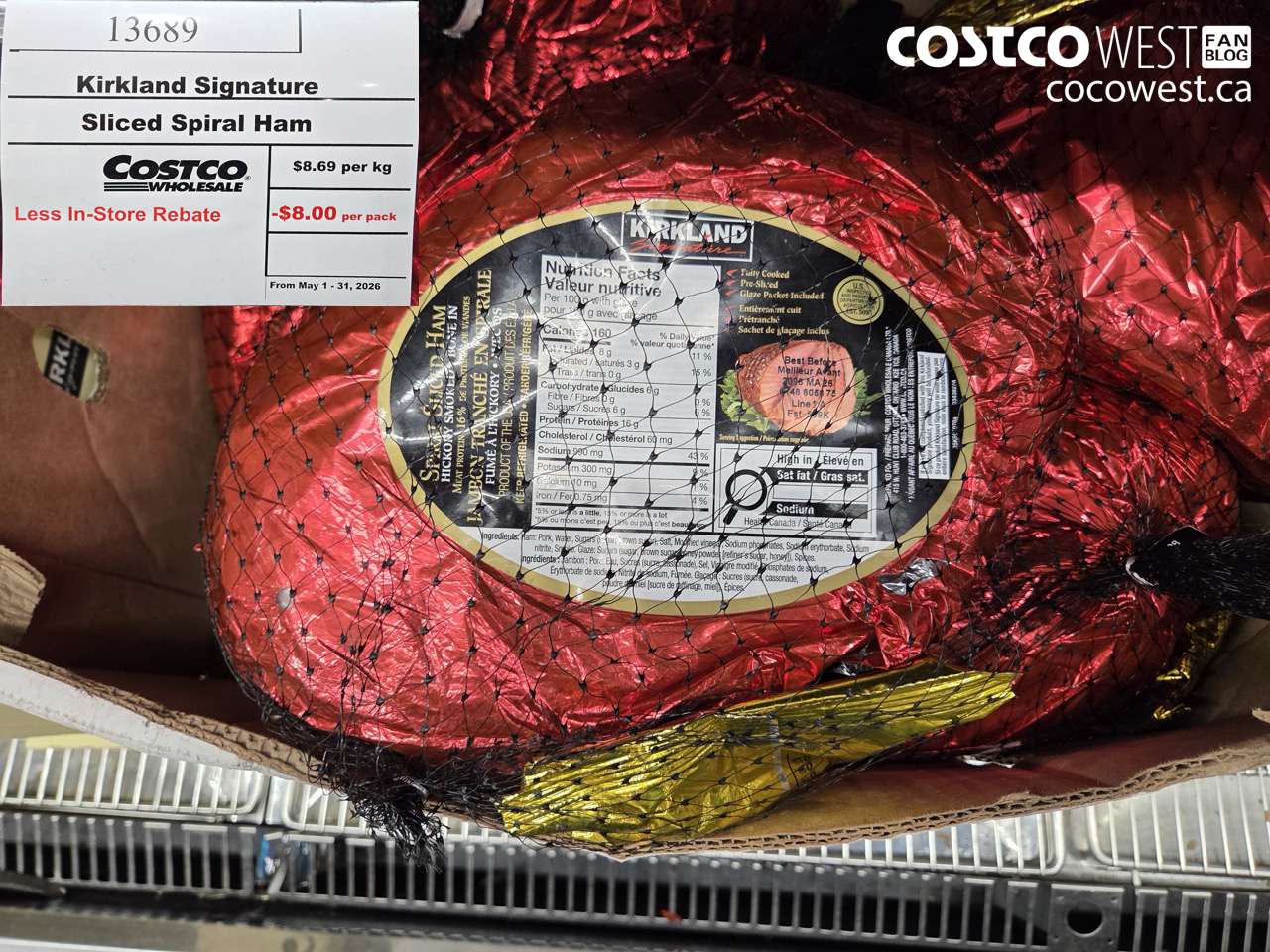 13689 KIRKLAND SIGNATURE SLICED SPIRAL HAM ($8.00 INSTANT SAVINGS EXPIRES ON 2026-05-31) $8.69