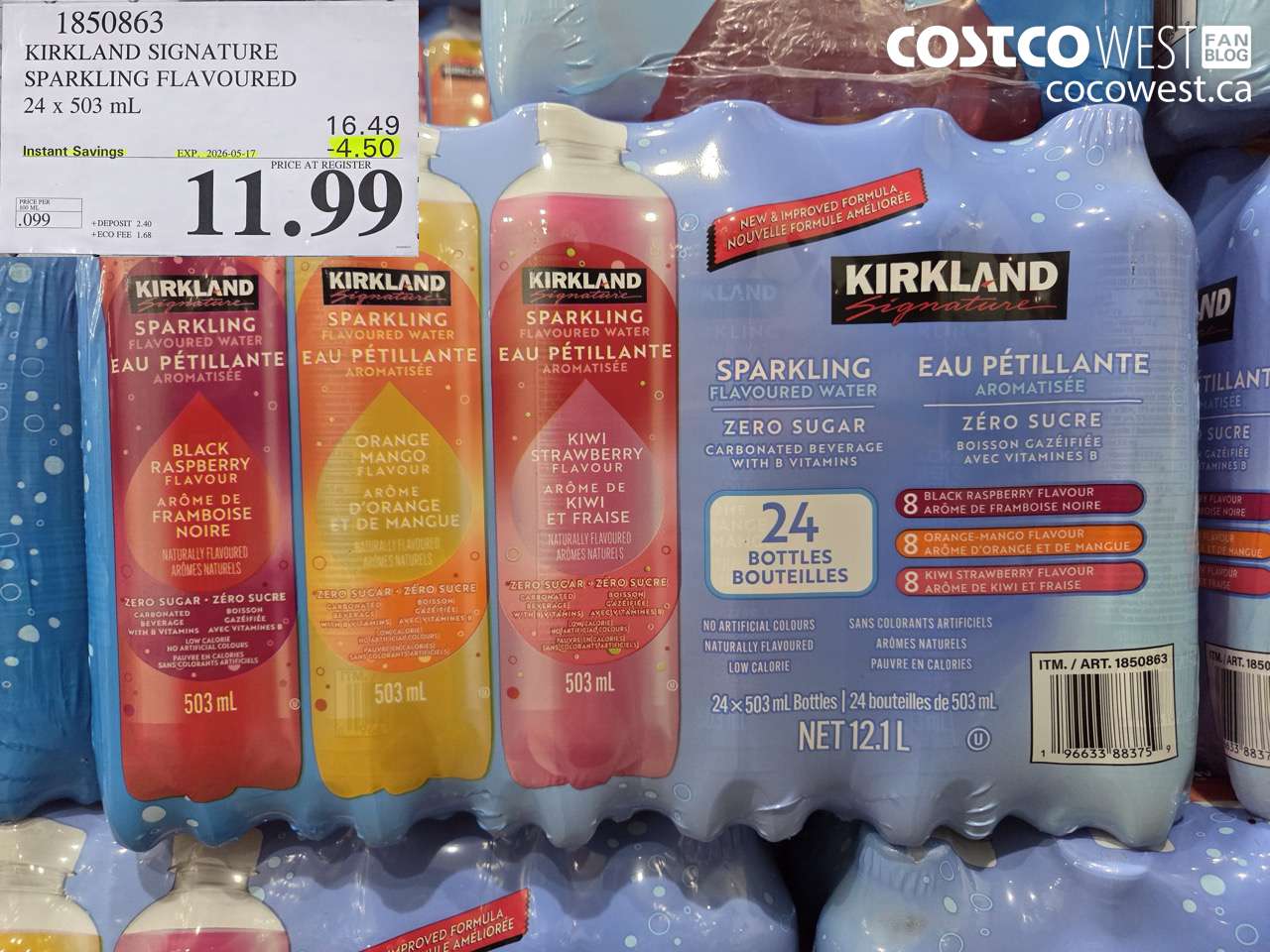 1850863 KIRKLAND SIGNATURE SPARKLING FLAVOURED 24 X 503 ML ($4.50 INSTANT SAVINGS EXPIRES ON 2026-05-17) $11.99