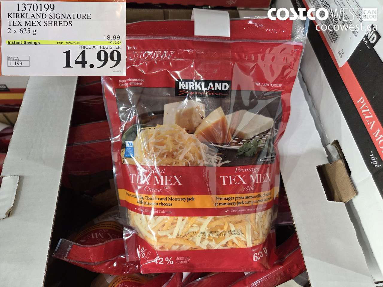 1370199 KIRKLAND SIGNATURE TEX MEX SHREDS 2 X 625 G ($4.00 INSTANT SAVINGS EXPIRES ON 2026-05-19) $14.99