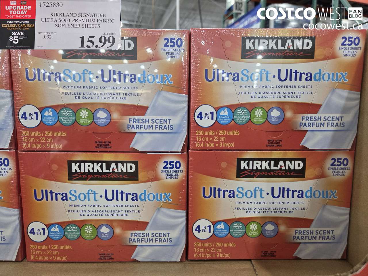 1725830 KIRKLAND SIGNATURE ULTRA SOFT PREMIUM FABRIC SOFTENER SHEETS ($5.00 INSTANT SAVINGS EXPIRES ON 2026-05-17) $10.99
