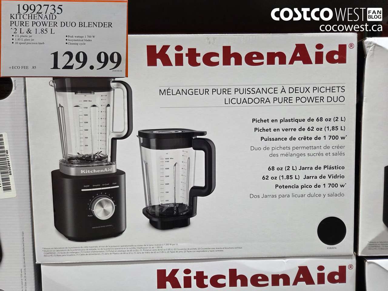 1992735 KITCHENAID PURE POWER DUO BLENDER 2 L & 1.85 L $129.99