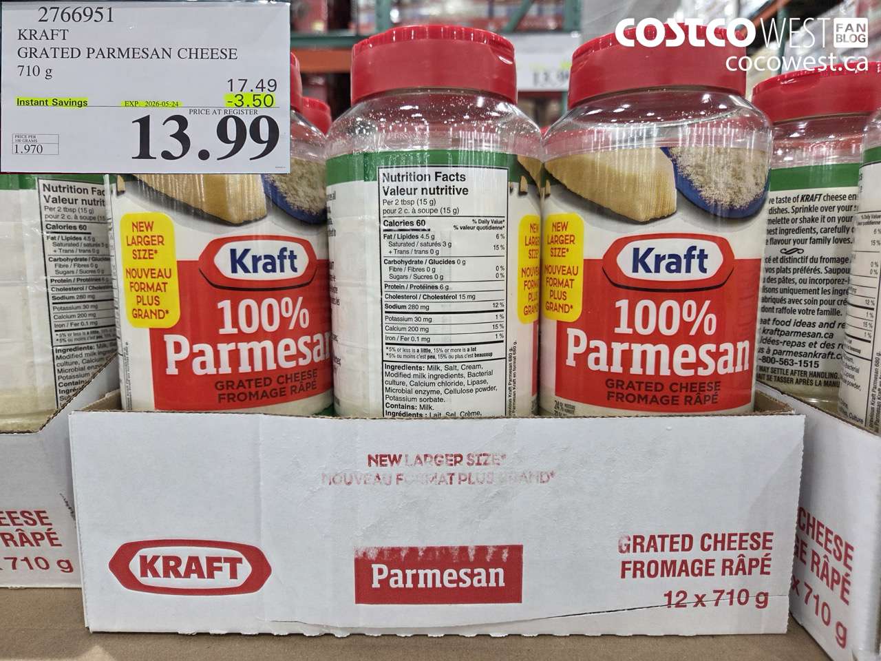2766951 KRAFT GRATED PARMESAN CHEESE 710 G ($3.50 INSTANT SAVINGS EXPIRES ON 2026-05-24) $13.99