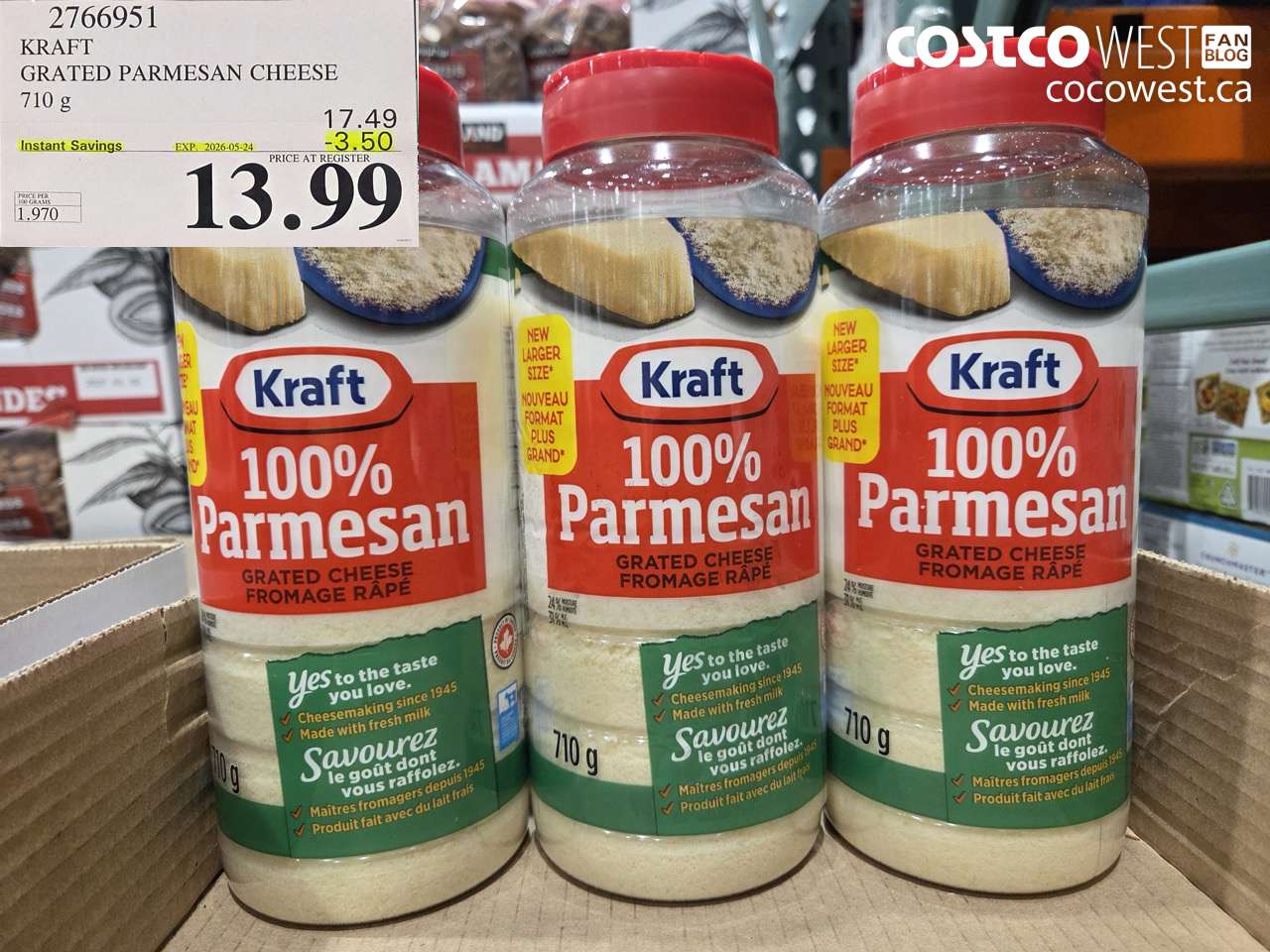 2766951 KRAFT GRATED PARMESAN CHEESE 710 G ($3.50 INSTANT SAVINGS EXPIRES ON 2026-05-24) $13.99