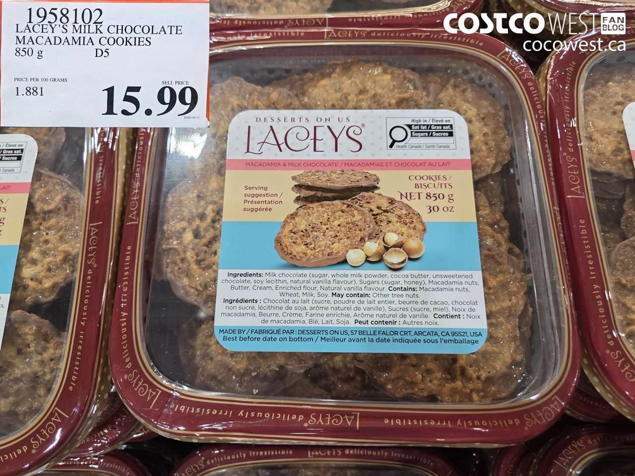 1958102 LACEY'S MILK CHOCOLATE MACADAMIA COOKIES 850 G $15.99