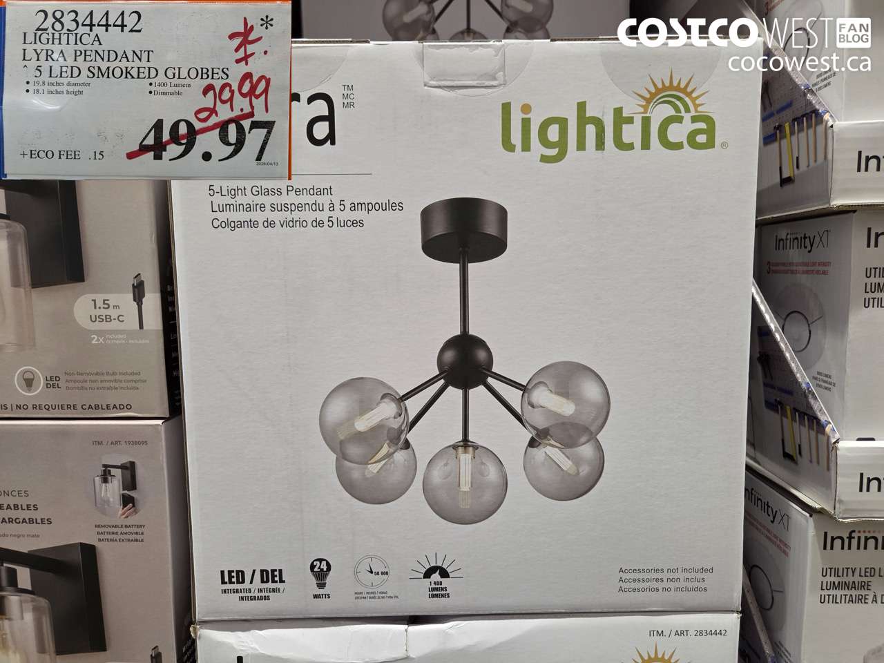 2834442 LIGHTICA LYRA PENDANT 5 LED SMOKED GLOBES $29.99