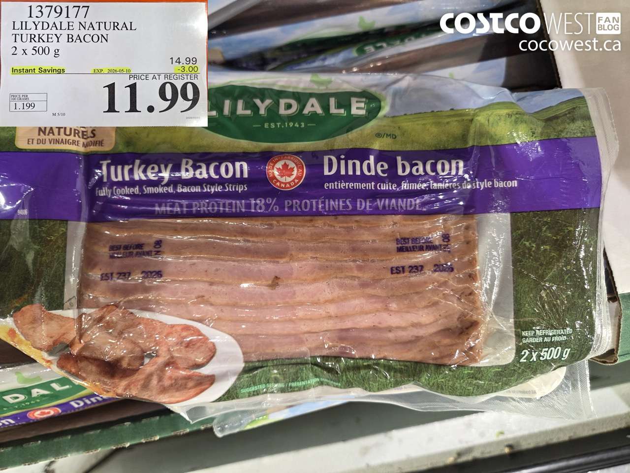 1379177 LILYDALE NATURAL TURKEY BACON 2 X 500 G ($3.00 INSTANT SAVINGS EXPIRES ON 2026-05-10) $11.99